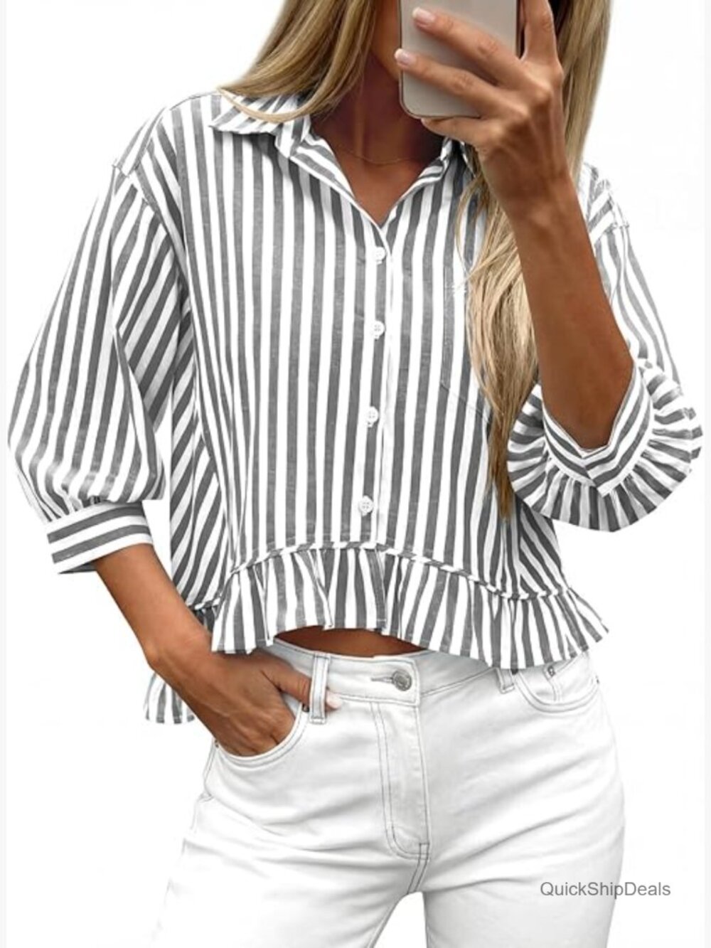 100% Cotton Striped V-Neck 3/4 Sleeve Oversized Button Down Blouse